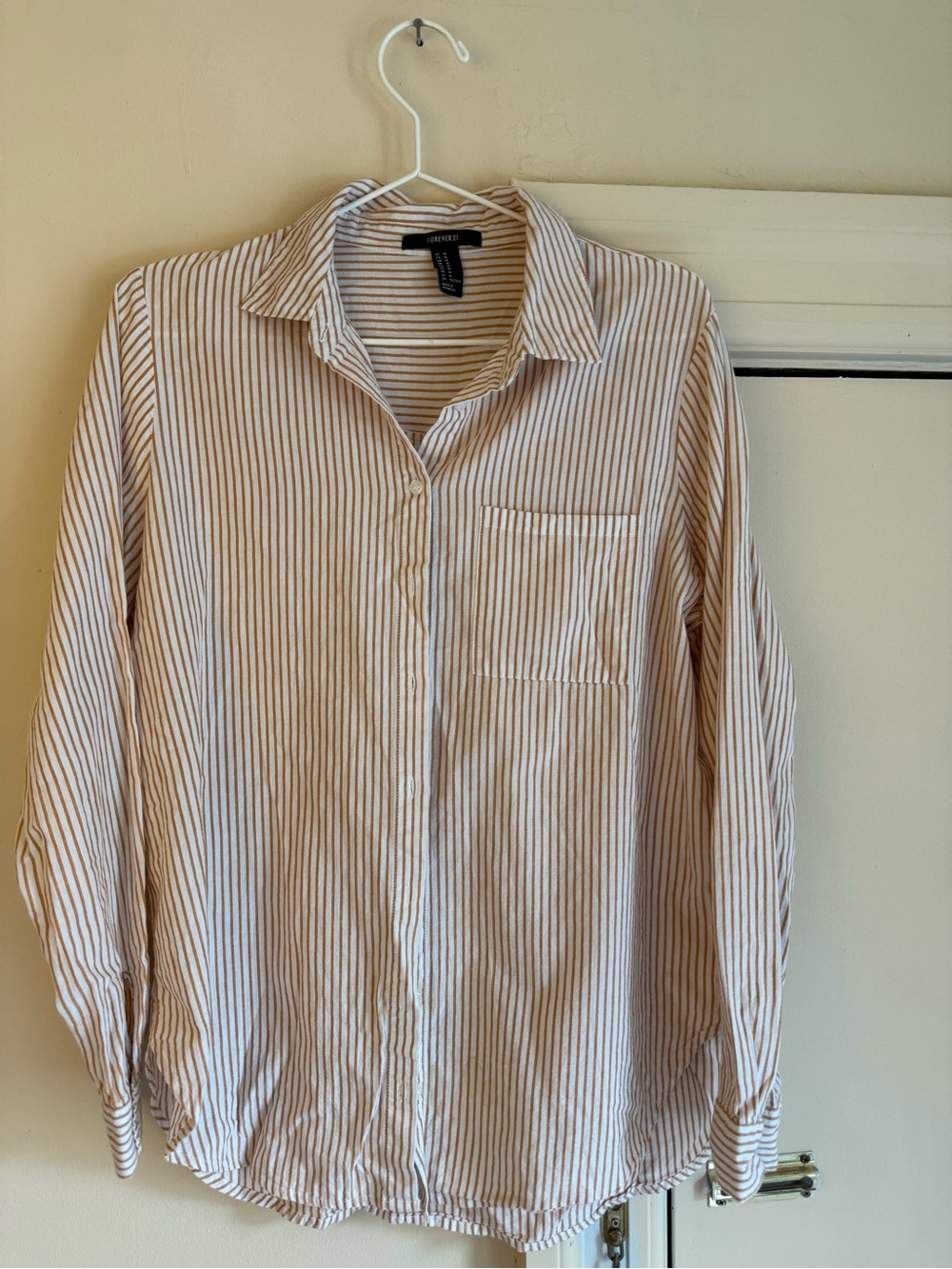 Forever 21 White Shirt with Tan Stripes - Casual Button-Down